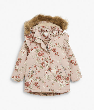 Kids pink floral print hooded faux fur jacket